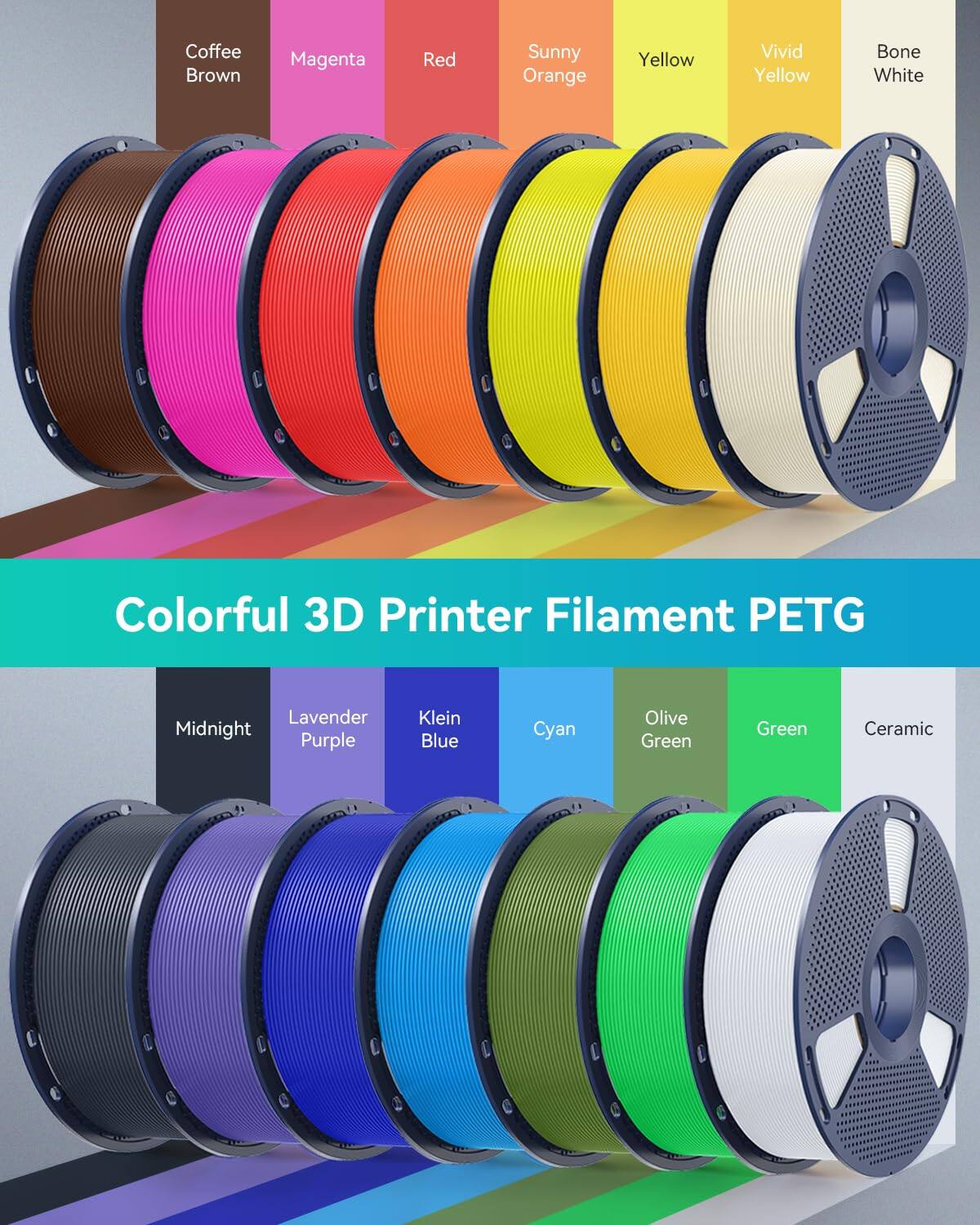 Coffee Brown Magenta Red Sunny Orange Yellow Vivid Yellow Bone White Colorful 3D Printer Filament PETG Lavender Midnight Purple Klein Blue Cyan Olive Green Green Ceramic