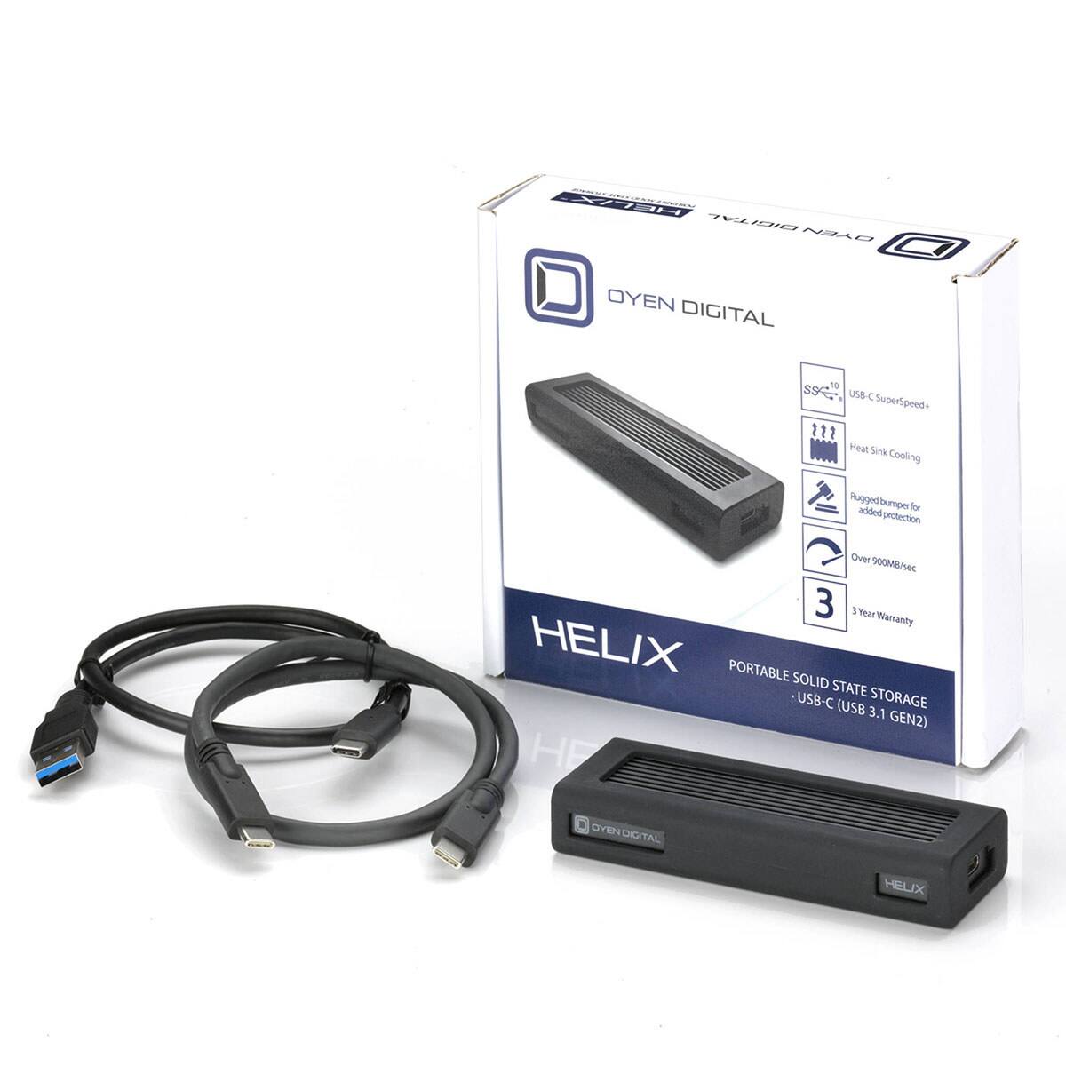 OYEN DIGITAL  
HELIX PORTABLE SOLID STATE USB-C (USB STORAGE 3.1 GEN2)  

- USB-C SuperSpeed+  
- Heat Sink Cooling  
- Rugged bumper for added protection  
- Over 900MB/sec  
- 3 Year Warranty
