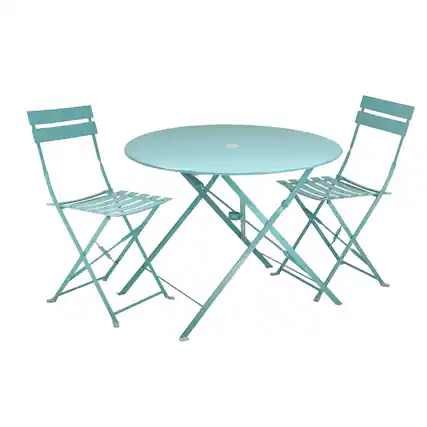 Front. Carolina Chair & Table - Bistro 30" Round Table Outdoor Set - Set of 3 - Teal - Blue.