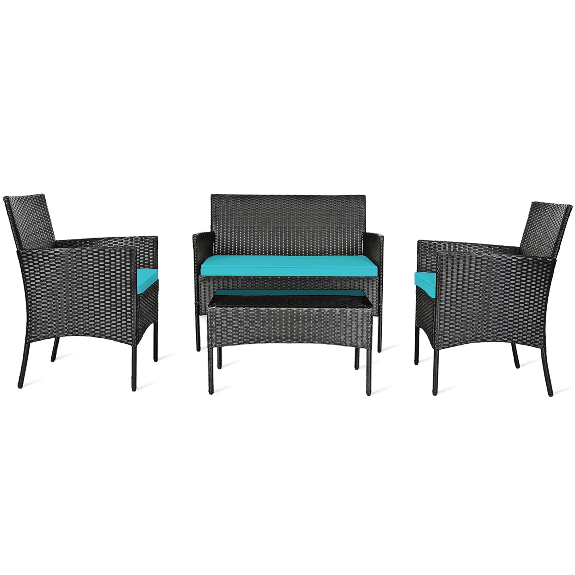Alt View 5. Gymax - Gymax 4PCS Outdoor Furniture Set Patio Rattan Conversation Set w/ Turquoise Cushion - Turquoise.