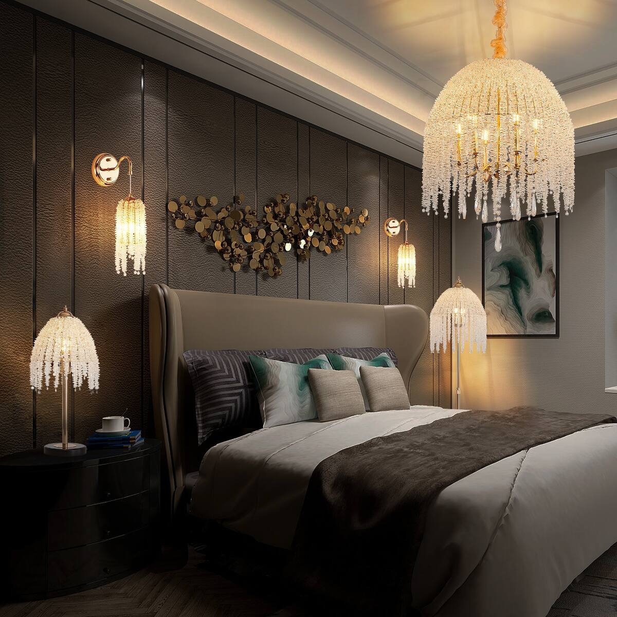 Alt View 2. Loheer - Loheer K9 Crystal Pendant Light, Gold Waterfall Chandelier with Six Lights, Twenty Inch.