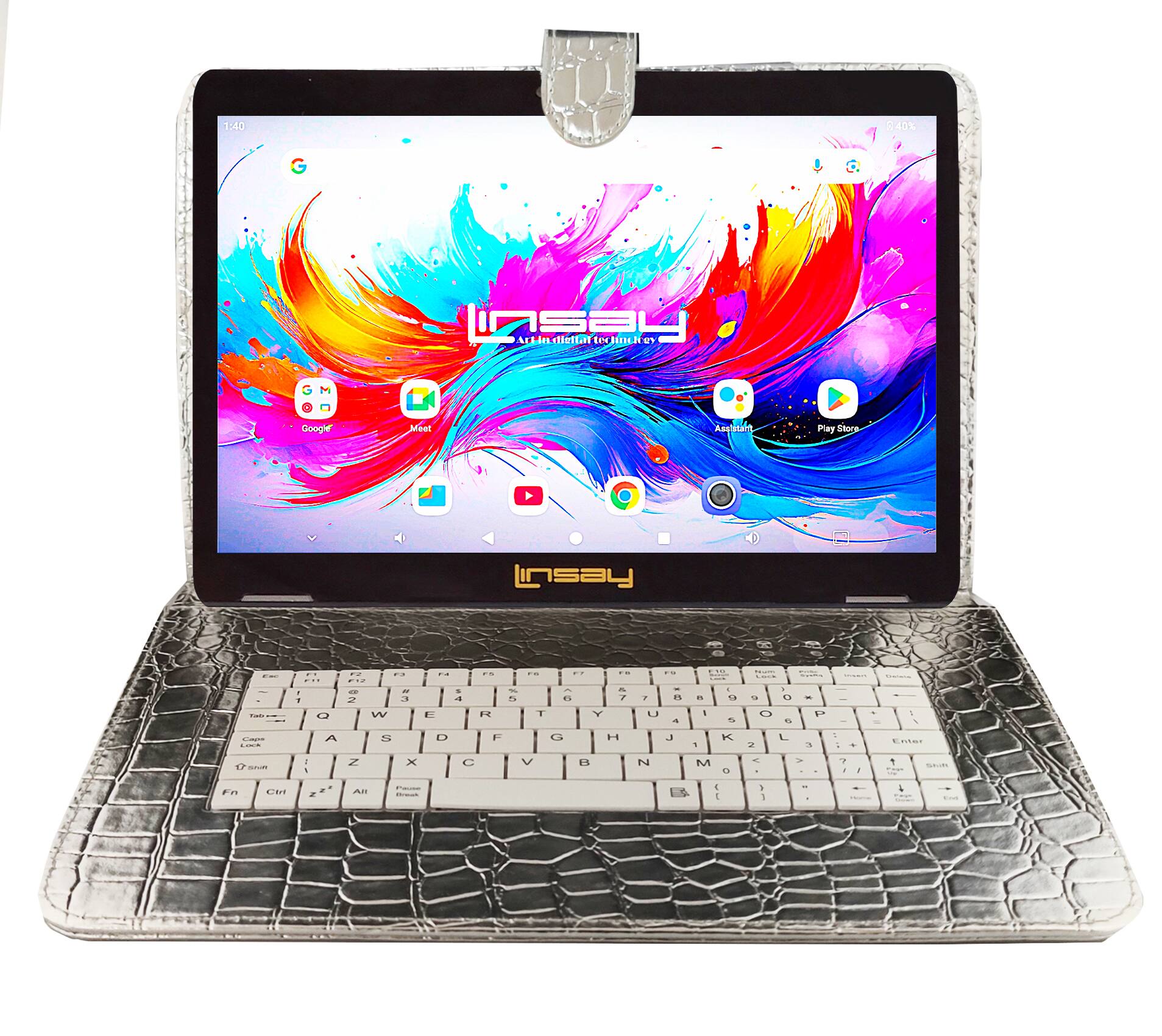 LINSAY - 10.1" Octa Core 256GB Storage Android 15 Tablet with Silver Keyboard - Gray