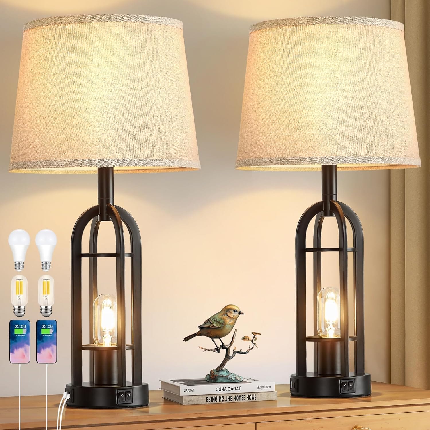 FINEAK - Table Lamps with USB A+C, Set of 2 (Bulbs Include) - Black