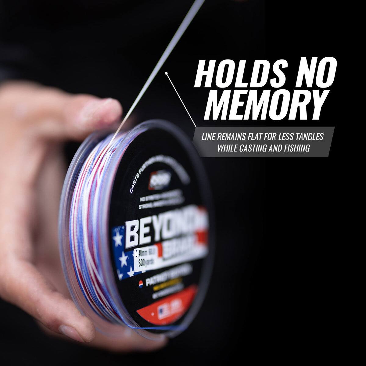 HOLDS NO MEMORY  
LINE REMAINS FLAT FOR LESS TANGLES WHILE CASTING AND FISHING  
BEYOND  
0.40mm  
300yds