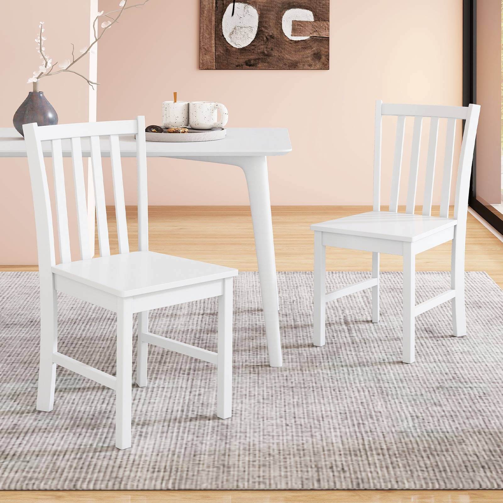 Alt View 1. Costway - Costway Rustic Dining Chairs Set of 2 with Slat Tilt Backrest, Wide Seat, Rubber Wood Legs - White.
