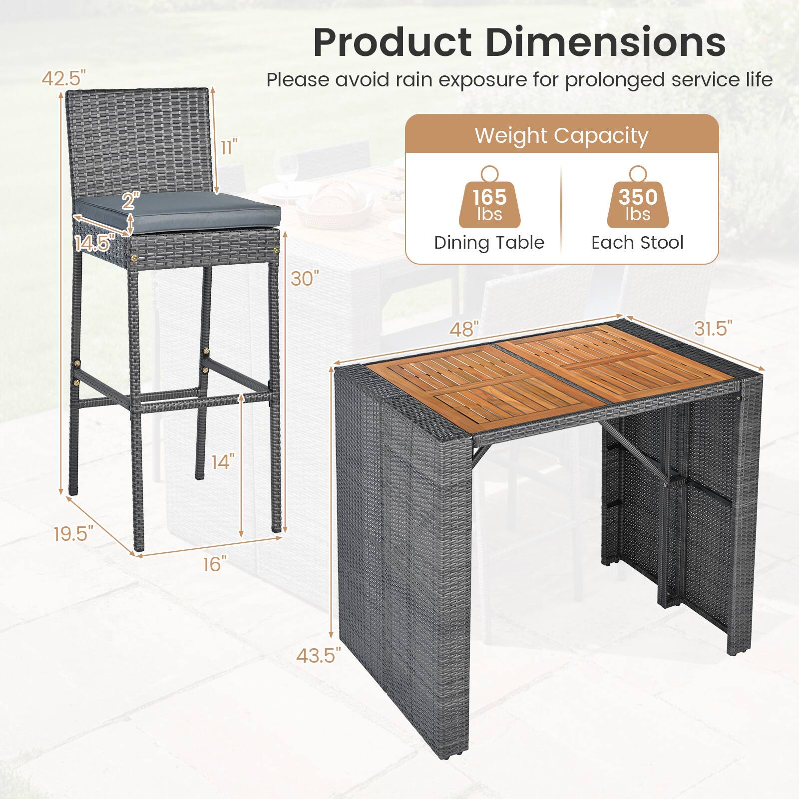 Product Dimensions  
Please avoid rain exposure for prolonged service life  

Weight Capacity  
Dining Table: 165 lbs  
Each Stool: 350 lbs  

Dimensions:  
- Table: 48" x 31.5" x 43.5"  
- Stool: 14.5" x 14" x 42.5" (seat height: 11", seat depth: 2")