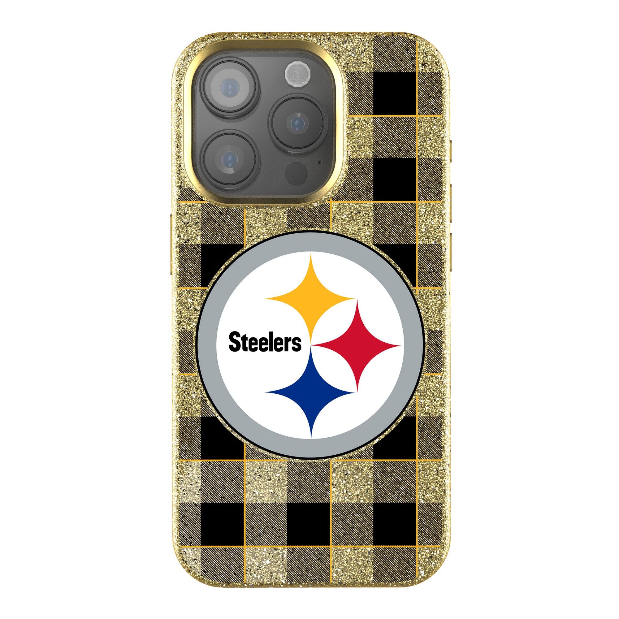 Front. Keyscaper - Pittsburgh Steelers Plaid Bling iPhone Case - 15 - Gold.