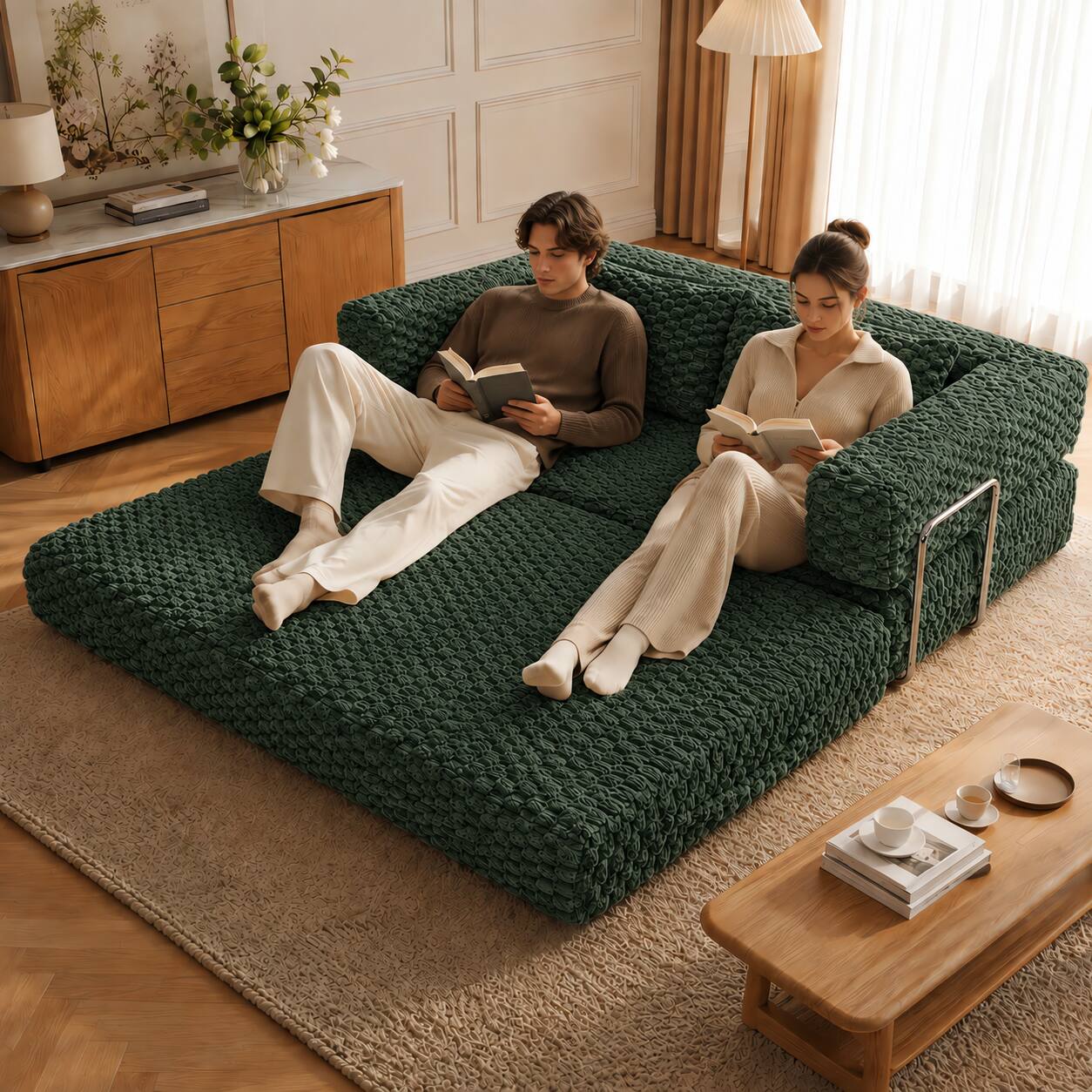 Alt View 1. Famapy - Convertible Folding Sofa Bed Couch 2-in-1 Loveseat with Plush Fabric Detachable Metal Support Brackets for Living Room - Dark Green.