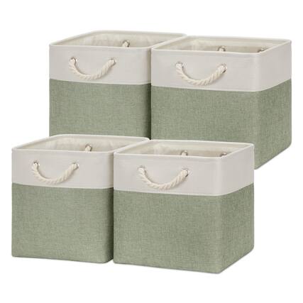 Front. Dapper Styles - Cube Storage Bins Fabric Baskets Collapsible Cubes For Gift Empty Organizer Cloth Basket Shelves linen - white&green-12"L x 12"W x 12"H.