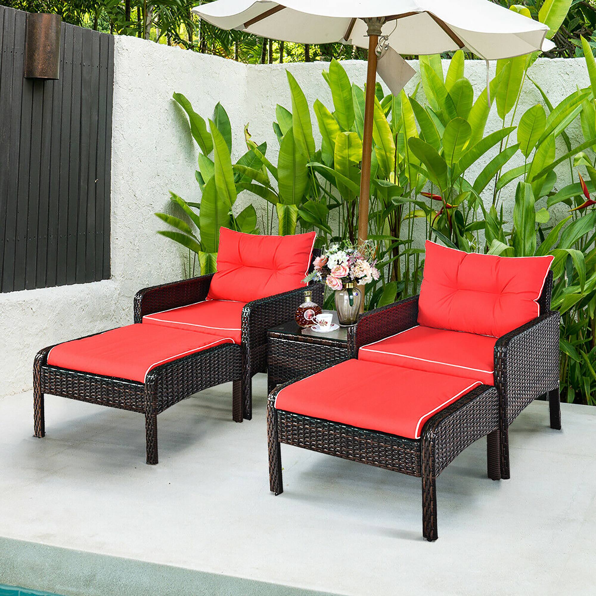 Alt View 3. Costway - Costway 5 PCS Patio Rattan Furniture Set Sofa Ottoman Table Cushioned Yard - Red.