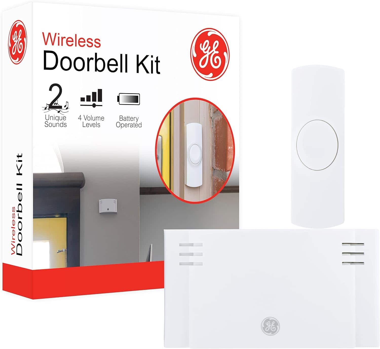 Schertz - Wireless Doorbell Kit – 150ft range, battery-operated receiver, 1 button, 2 melodies, 4 volume levels, mountable - White