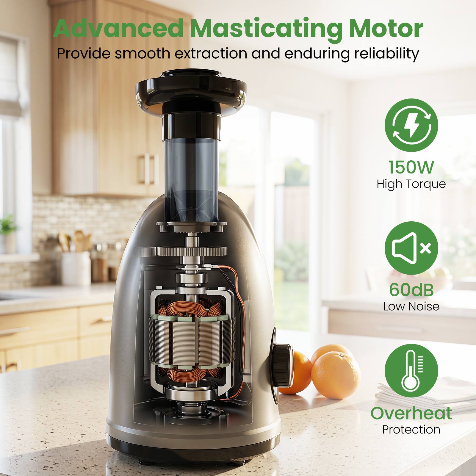 Advanced Masticating Motor  
Provide smooth extraction and enduring reliability  
150W High Torque x 60dB Low Noise Overheat Protection