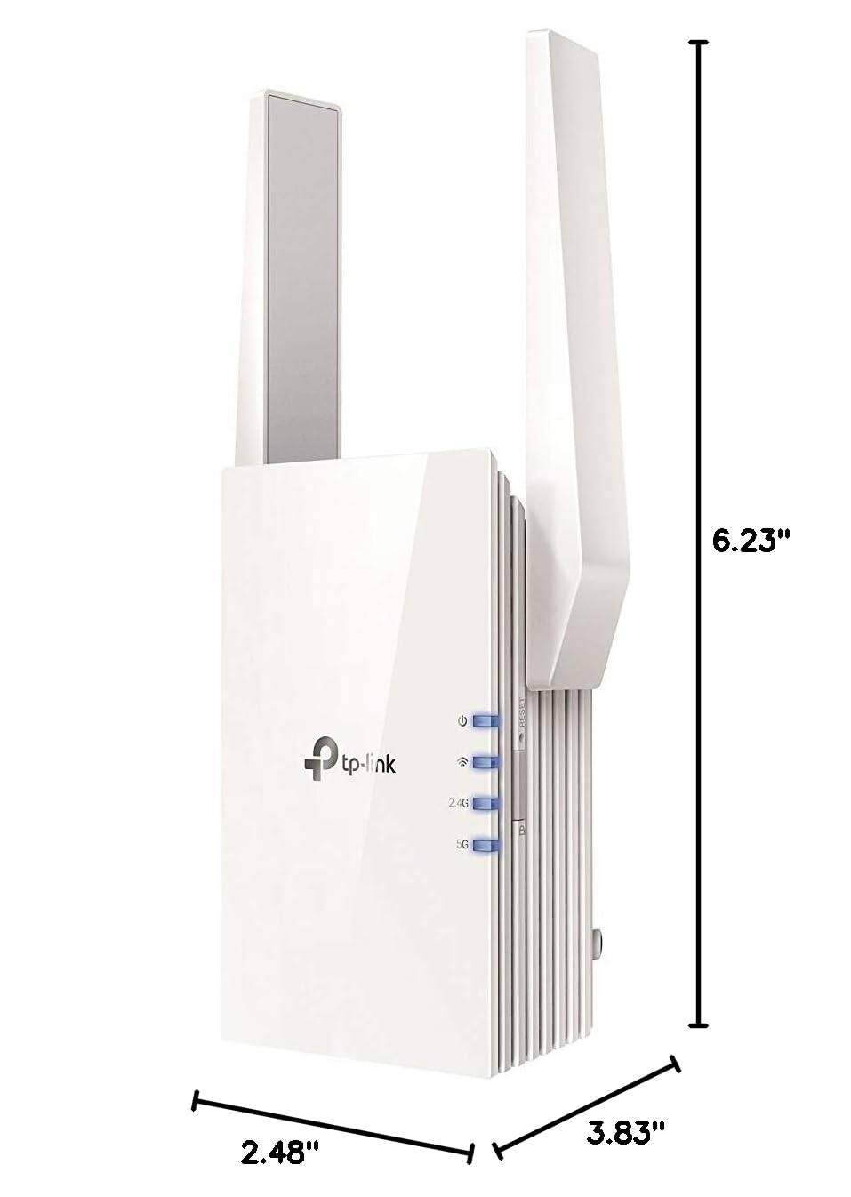 The text on the image reads: "6.23" tp-link 2.4G 5G 2.48" 3.83". This text is grouped and corrected as follows:

"6.23" tp-link 2.4G 5G 2.48" 3.83"

The corrected text is: "6.23" tp-link 2.4G 5G 2.48" 3.83"

This text describes the dimensions of a white device, which appears to be a router or a modem. The device is made by the company tp-link, and it has a 2.4G and 5G antenna. The dimensions are 6.23 inches in length, 2.48 inches in width, and 3.83 inches in height.