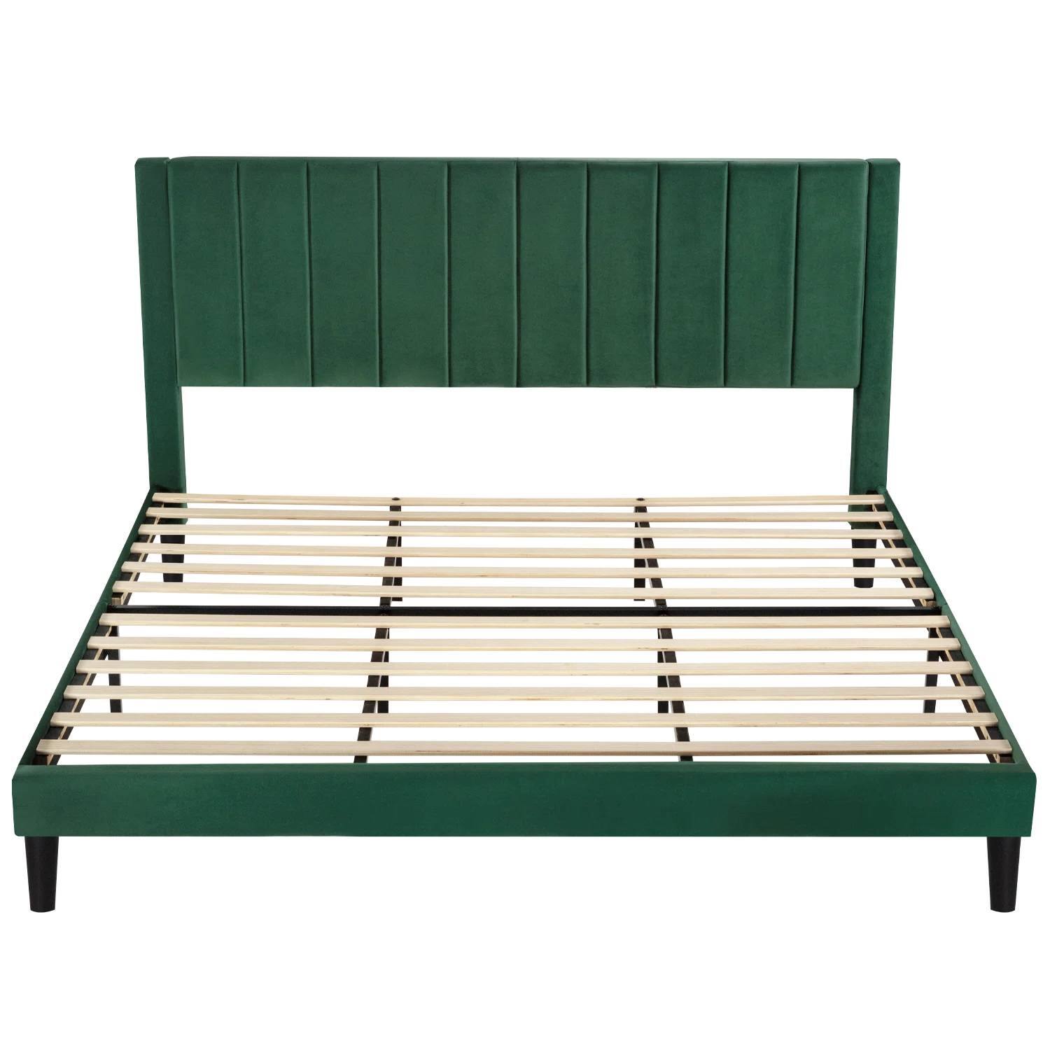 Back. Hivvago - King size Green Velvet Upholstered Platform Bed Frame with Headboard - Green.