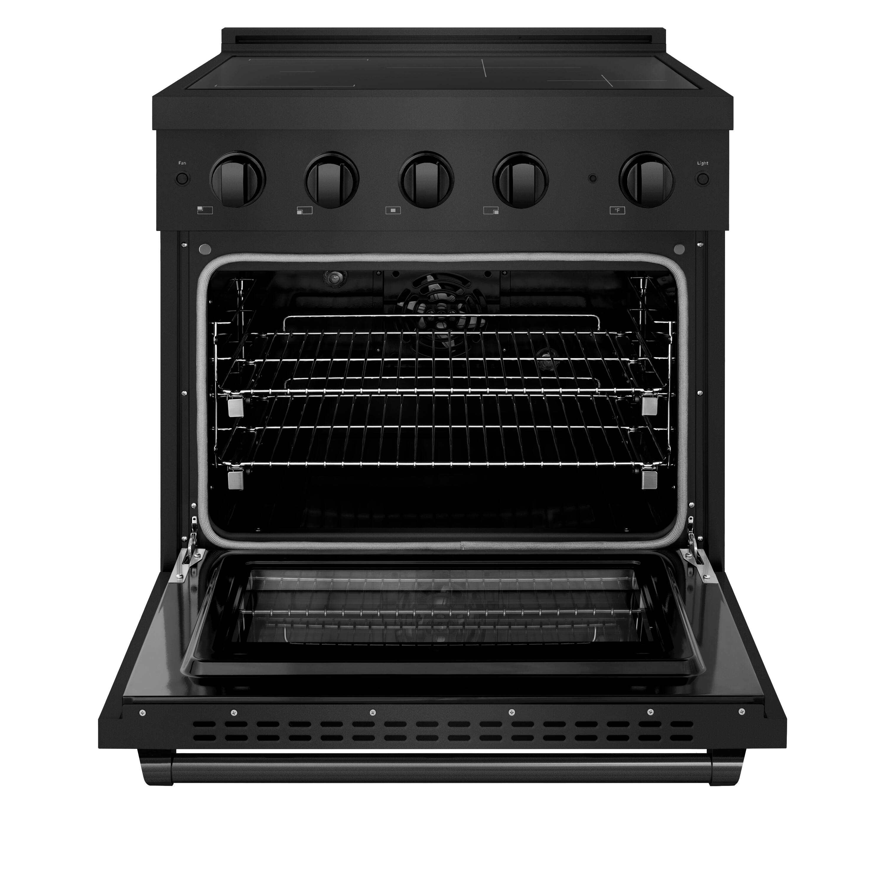 Angle. ZLINE - 30 in. 4.2 cu. ft. Paramount Freestanding Induction Range with 4 Burners and Electric Oven in Black Stainless Steel - Black Stainless Steel.