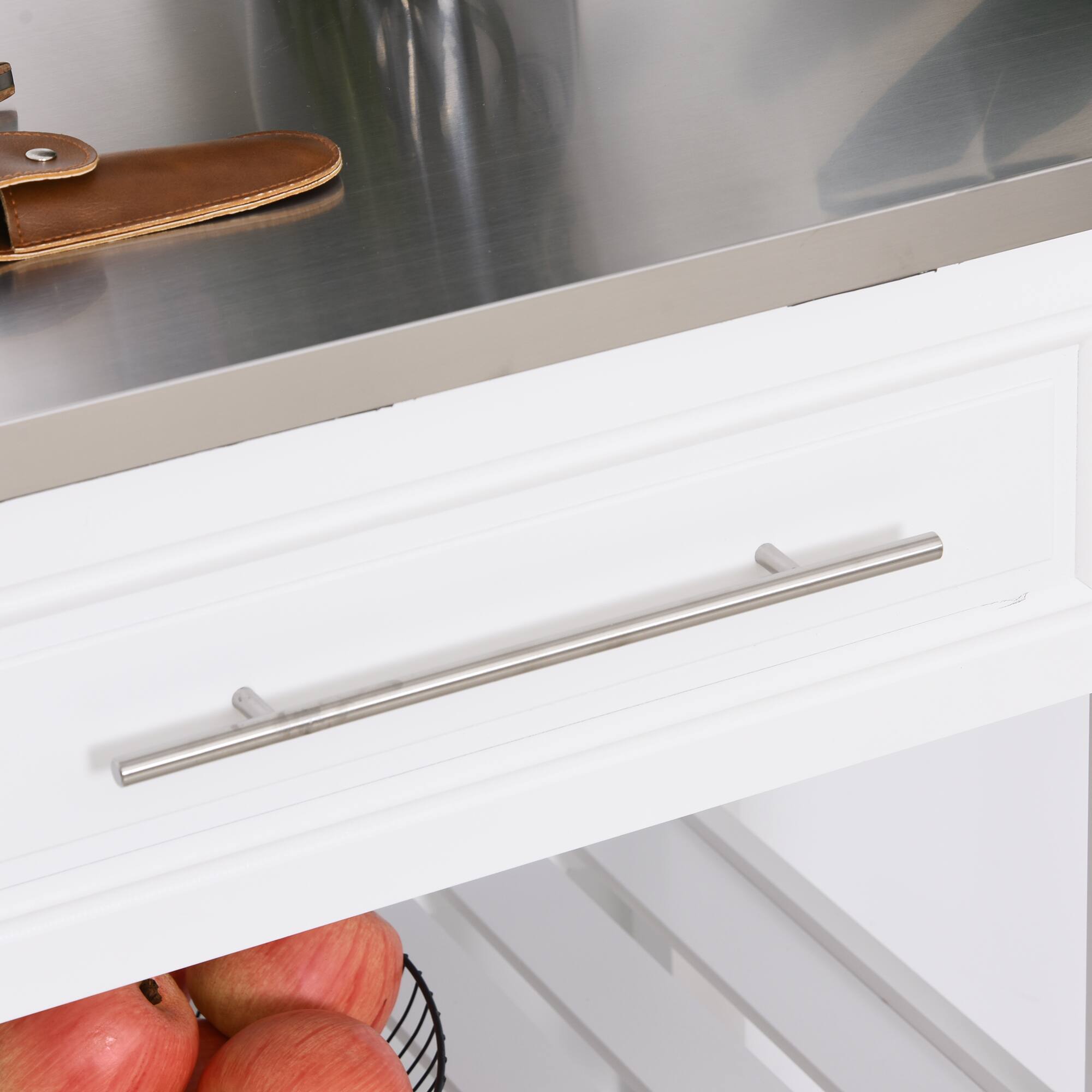 Alt View 8. Homcom - Kitchen Island with Stainless Steel Top, Traditional Kitchen Island with Storage, 2-Tier Open Shelves, Drawers - White.