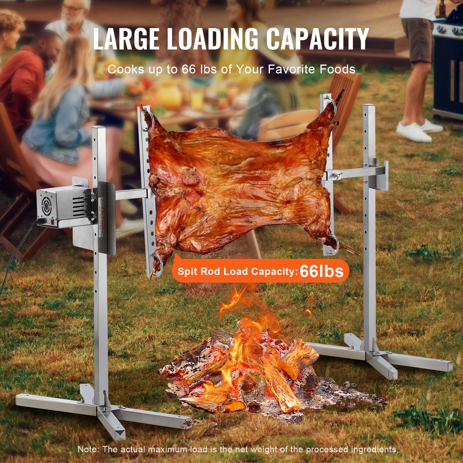 LARGE LOADING CAPACITY
Cooks up to 66 lbs of Your Favorite Foods
Spit Rod Load Capacity: 66lbs
Note: The actual maximum load is the net weight of the processed ingredients.