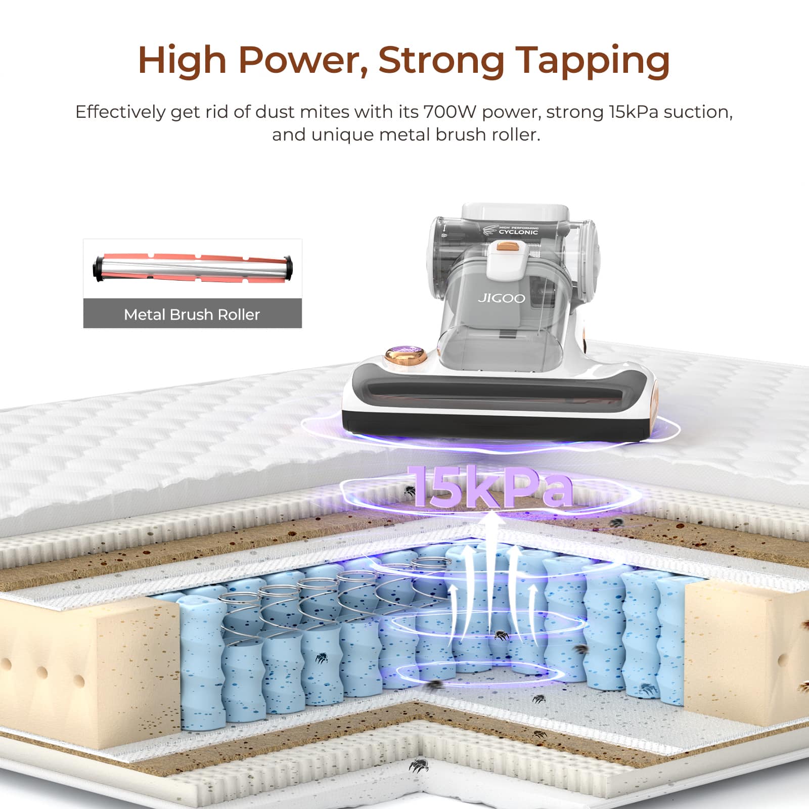 High Power, Strong Tapping: Effectively get rid of dust mites with its 700W power, strong 15kPa suction, and unique metal brush roller.