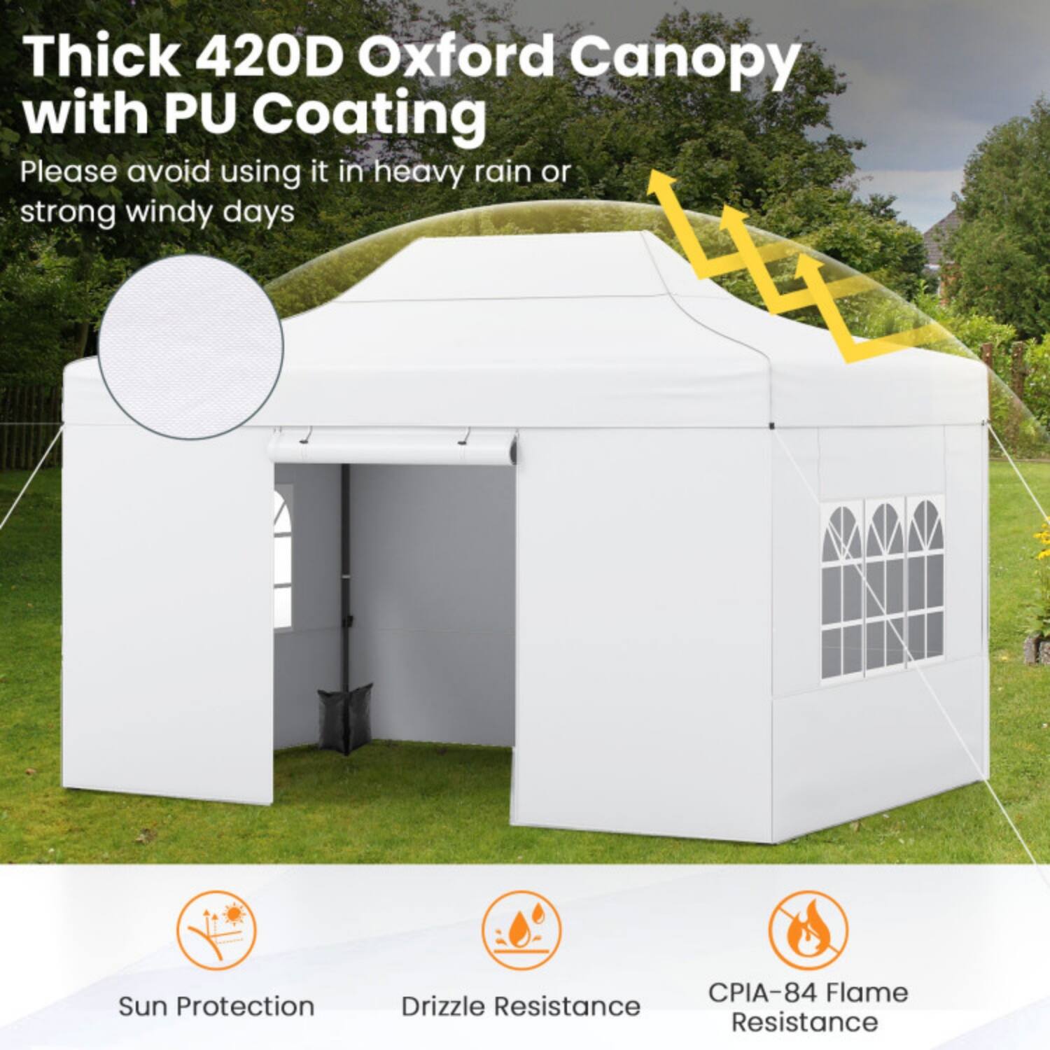 Thick 420D Oxford Canopy with PU Coating

Please avoid using it in heavy rain or strong windy days

Sun Protection  
Drizzle Resistance  
CPIA-84 Flame Resistance