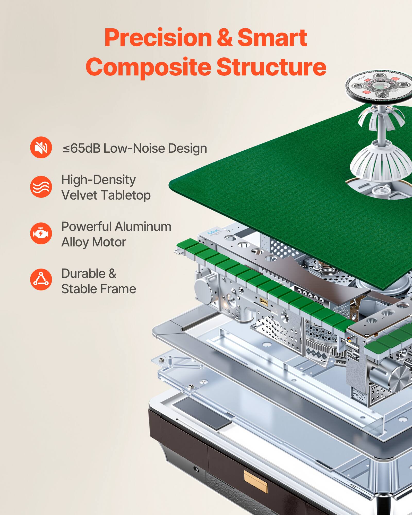 Precision & Smart Composite Structure  
- ≤65dB Low-Noise Design  
- High-Density Velvet Tabletop  
- Powerful Aluminum Alloy Motor  
- Durable & Stable Frame
