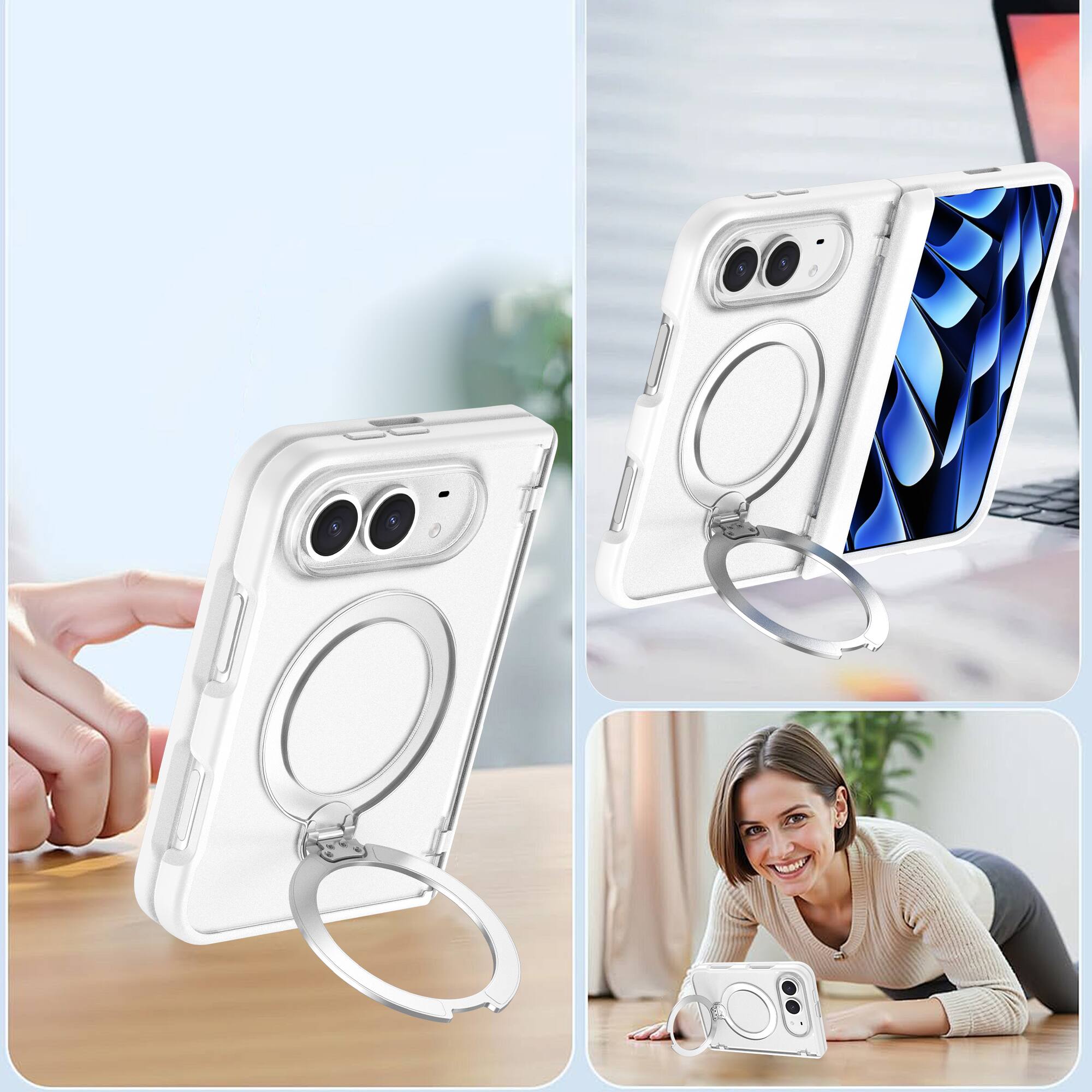 Alt View 2. Dteck - For iPhone Duo Magnetic Case Built-in Screen Protector,Shockproof Ring Stand Clear Back Hinge Protection Cover - White.