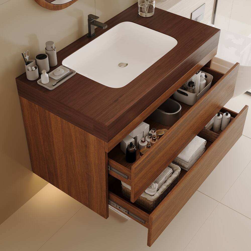Alt View 1. Loheer - Loheer 29.9 inch floating bathroom vanity Walnut Wall Mounted Vanity with Sink - Walnut.