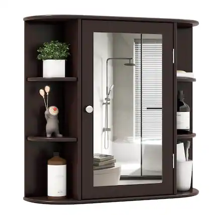 Front. Costway - Costway Multipurpose Mount Wall Surface Bathroom Storage Cabinet Mirror Brown - Brown.