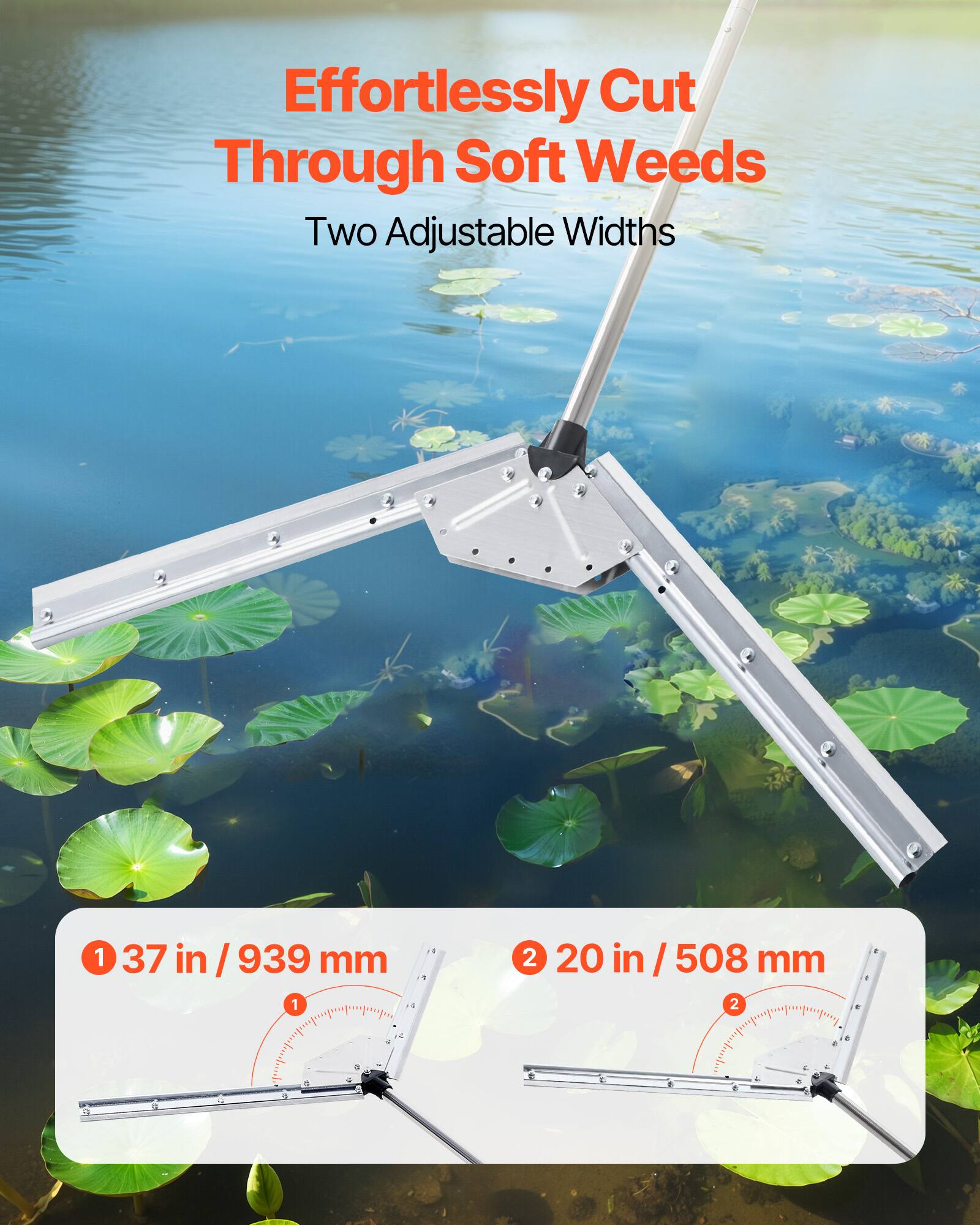 Effortlessly Cut Through Soft Weeds  
Two Adjustable Widths  

1. 37 in / 939 mm  
2. 20 in / 508 mm