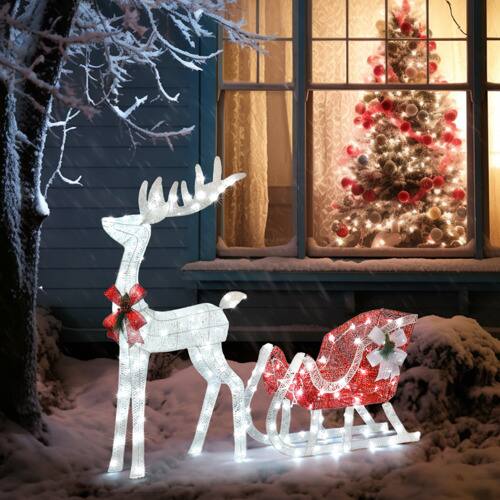 Alt View 5. Winado - Christmas 4FT Reindeer & Sleigh Set with LED Lights for Christmas Indoor Outdoor Garden Holiday Party Decorations - White.