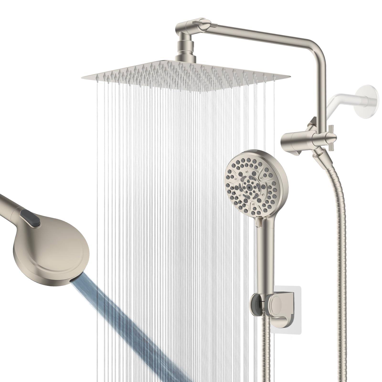 Front. Paradigms Interiors - All Metal Shower Head High Rainfall Head handheld Showerhead Combo With Adjustable Extension Arm Hose Holder - Brushed Nickel-Square 10" with Filter.