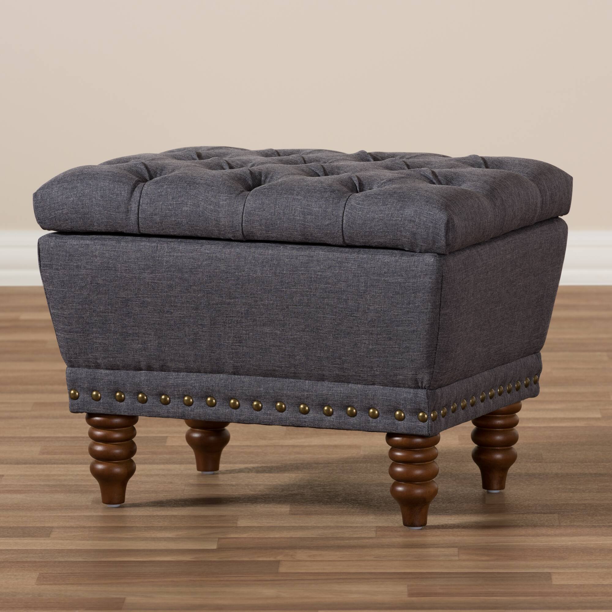 Alt View 5. Baxton Studio - Annabelle Modern and Contemporary Fabric Upholstered Walnut Wood Finished Button-Tufted Storage Ottoman - Dark Grey.