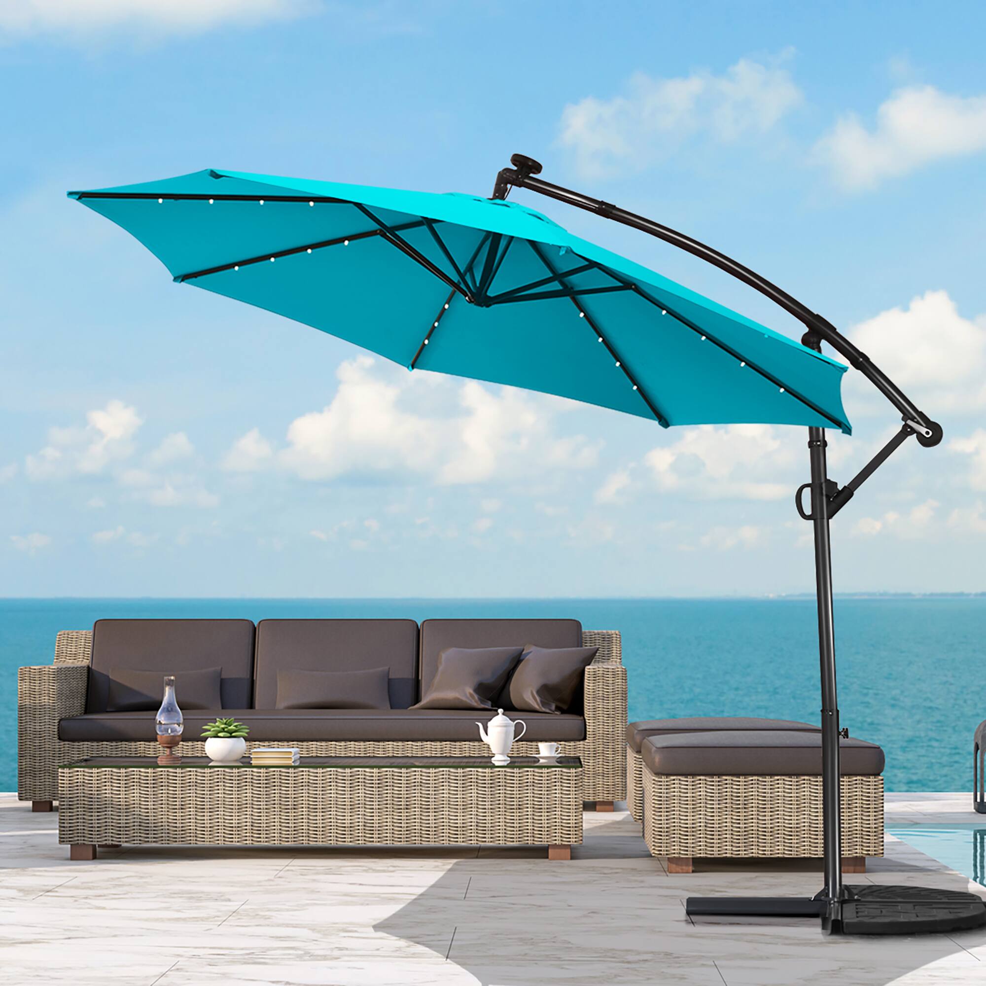 Alt View 3. Costway - 10FT Patio Offset Umbrella Solar Powered LED 360Degree Rotation Aluminum - Turquoise.