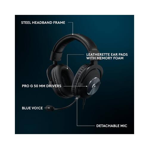 STEEL HEADBAND FRAME  
LEATHERETTE EAR PADS WITH MEMORY FOAM  
PRO G 50 MM DRIVERS  
BLUE VOICE  
DETACHABLE MIC