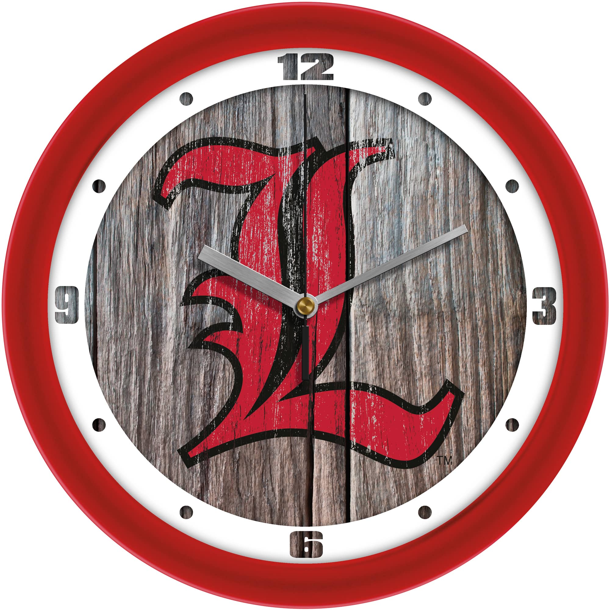 MpDirect - Louisville Cardinals 11.5'' Suntime Premium Glass Face Weathered Wood Wall Clock - Multicolor