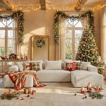 Front. FUFU & GAGA - Beige Modular Plush Velvet Sectional Sofa with Chaise, Soft High-Density Foam, Pet-Friendly Living Room Couch - White.