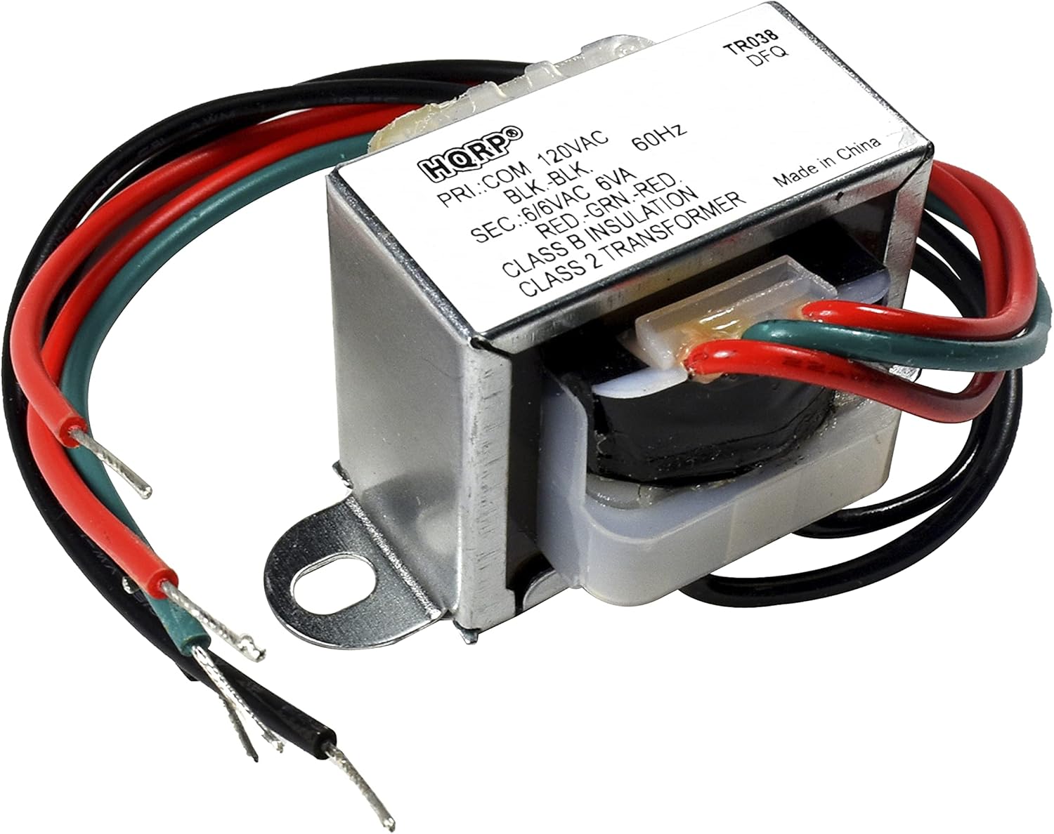 TR038 DFQ 60Hz 120VAC PRI: COM BLK. - BLK. 6VA - RED PRI. SEC: RED - GRN. CLASS B INSULATION CLASS 2 TRANSFORMER Made in China