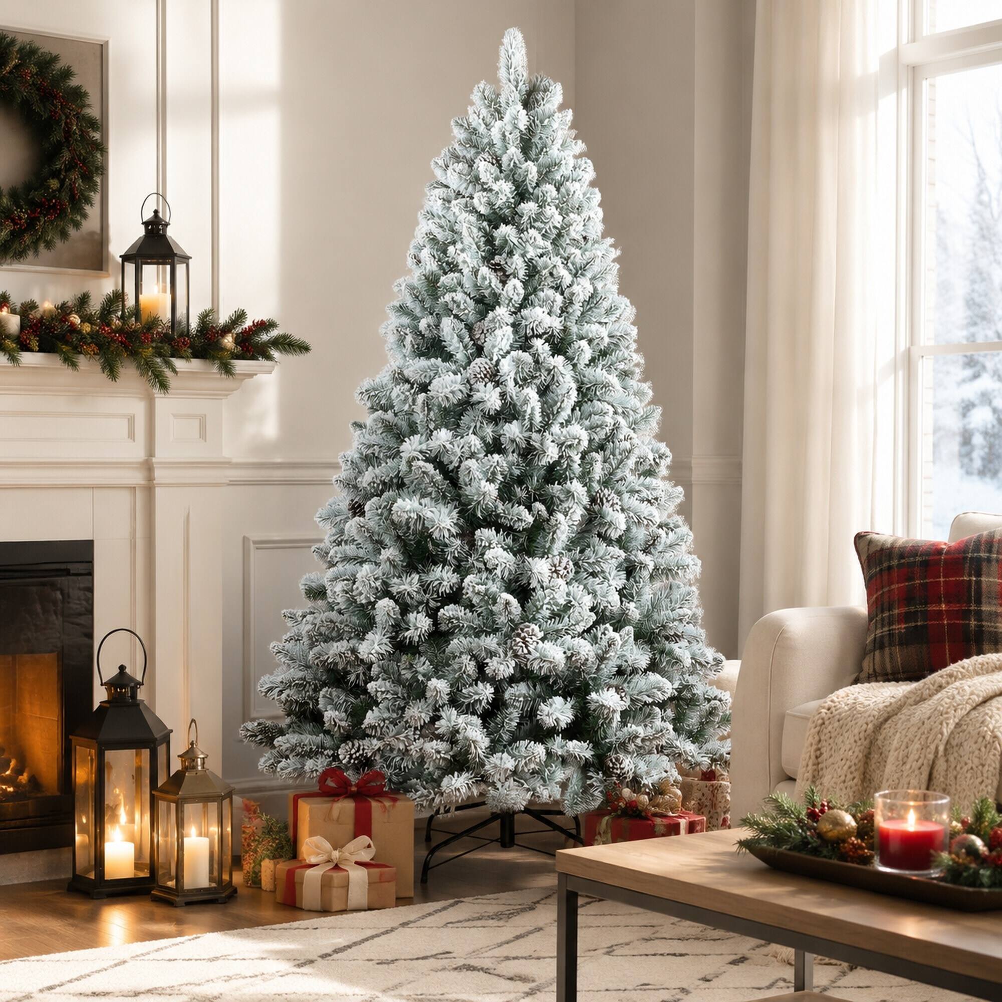 Left. RYHNUYNE - 5FT Flocked Christmas Tree With Pine Cones, 600 Snowy PVC Tips 27 Natural Pinecones Full Shape Sturdy Metal Stand - Green,White.
