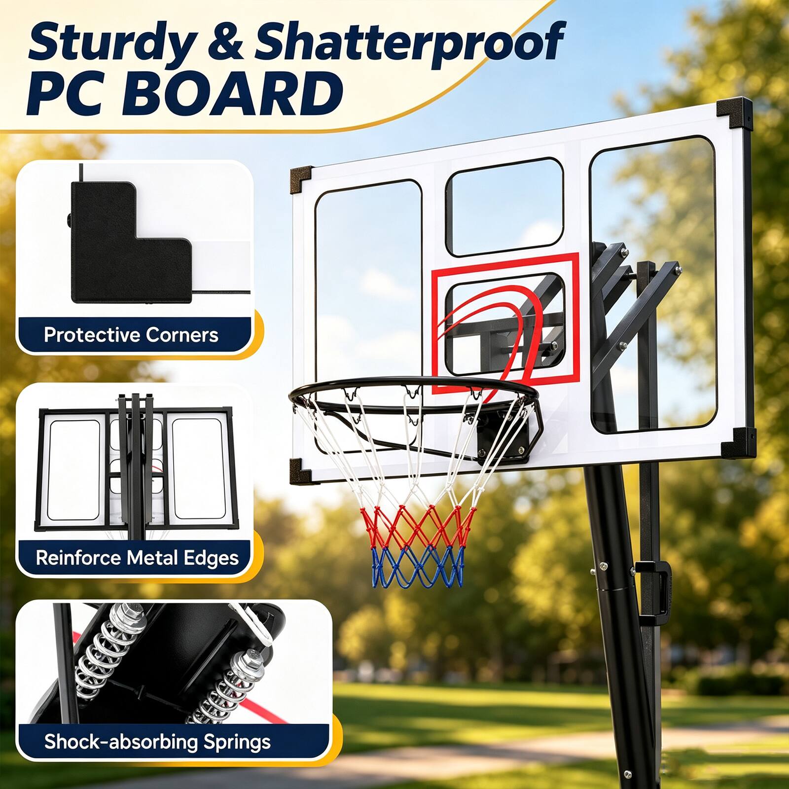 Sturdy & Shatterproof PC BOARD

Protective Corners

Reinforce Metal Edges

Shock-absorbing Springs