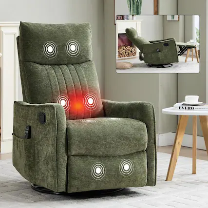 Front. Kadyn - Heat Massage Recliner Chair, 8 Vibration Modes & Lumbar Heat, Rocker Swivel, Manual Control, Antique Green - Green.