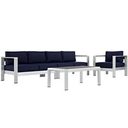 Shore 4 Piece Outdoor Patio Aluminum Sectional Sofa Set by Modway - Silver Navy