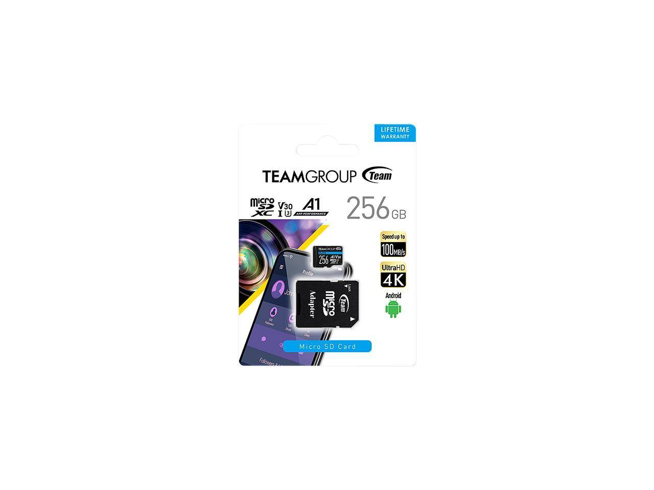 LIFETIME WARRANTY  
TEAMGROUP  
Team micro V30 A1  
256 GB  
Speed up to 100 MB/s  
UltraHD 4K  
Android  
Micro SD Card