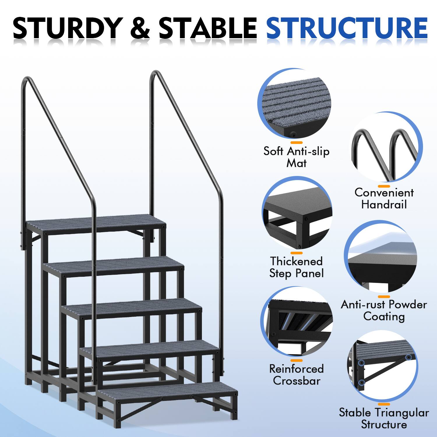 STURDY & STABLE STRUCTURE

- Soft Anti-slip Mat
- Convenient Handrail
- Thickened Step Panel
- Anti-rust Powder Coating
- Reinforced Crossbar
- Stable Triangular Structure