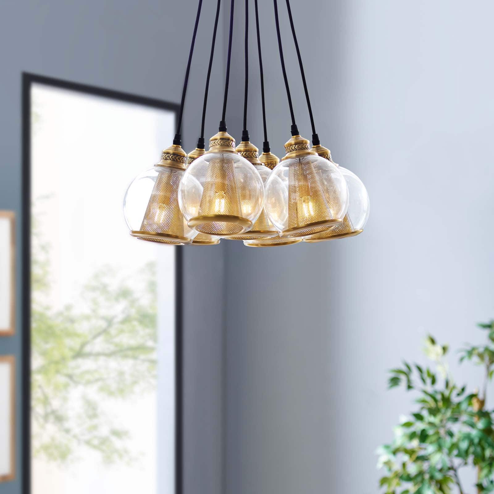 Peak Brass Cone and Glass Globe Cluster Pendant Chandelier by Modway - Yellow