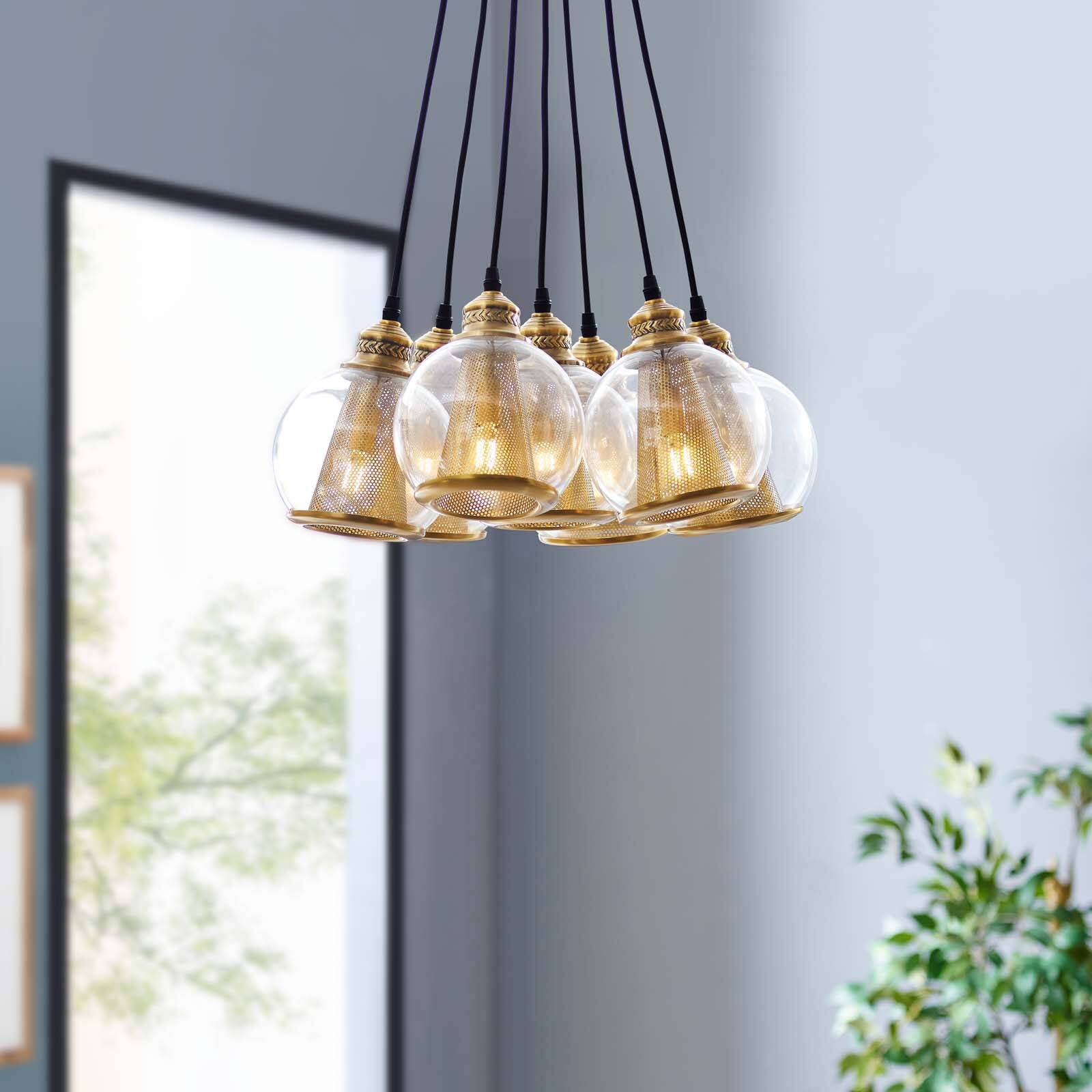 Front. Modway - Peak Brass Cone and Glass Globe Cluster Pendant Chandelier by Modway - Yellow.