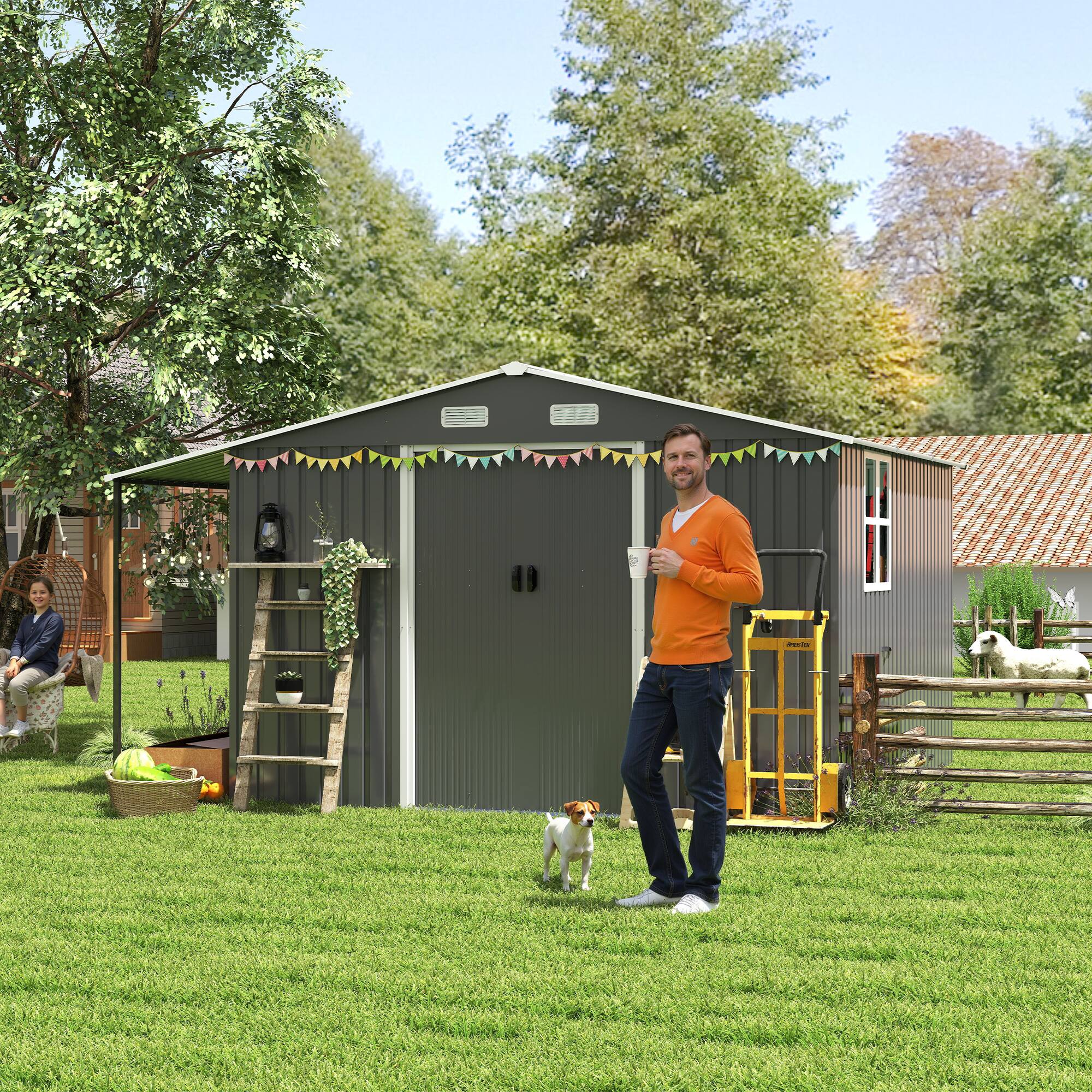 Alt View 2. Anysun - 10x12ft Metal Storage Shed with Lockable Doors, Windows & Sliding Door with Ramp, Dual-Zone Design for Backyard or Patio - Dark Gray.