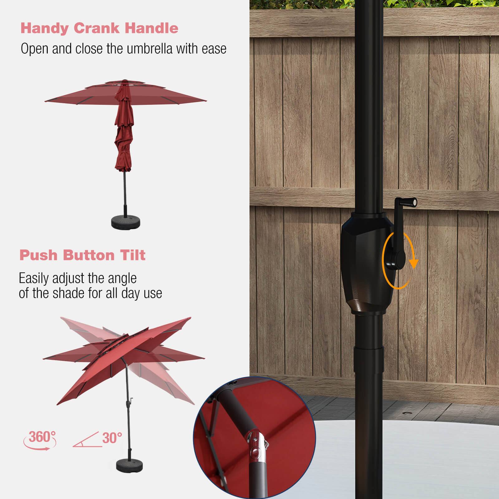 Handy Crank Handle, Open and close the umbrella with ease, Push Button Tilt, Easily adjust the angle of the shade for all day use, 360, 30