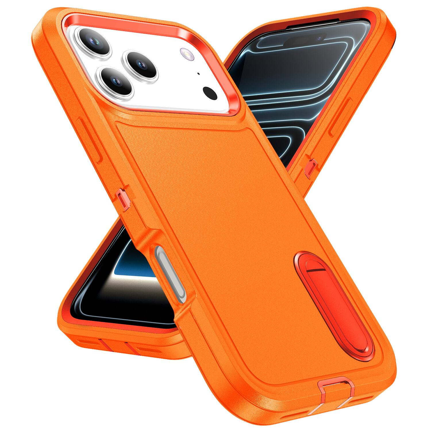 Angle. UUCOVER - Dual Layer Heavy Duty Case for Apple iPhone 18 Pro with Hidden Kickstand, Raised Edge Protection Drop-proof Phone Cover - Orange+Orange.