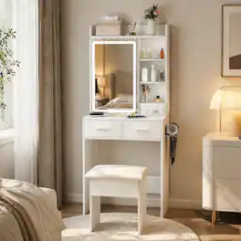RYHNUYNE - Small Makeup Vanity Desk with Mirror, Adjustable LED Lights, Power Outlet, Hidden Storage, Padded Stool - White