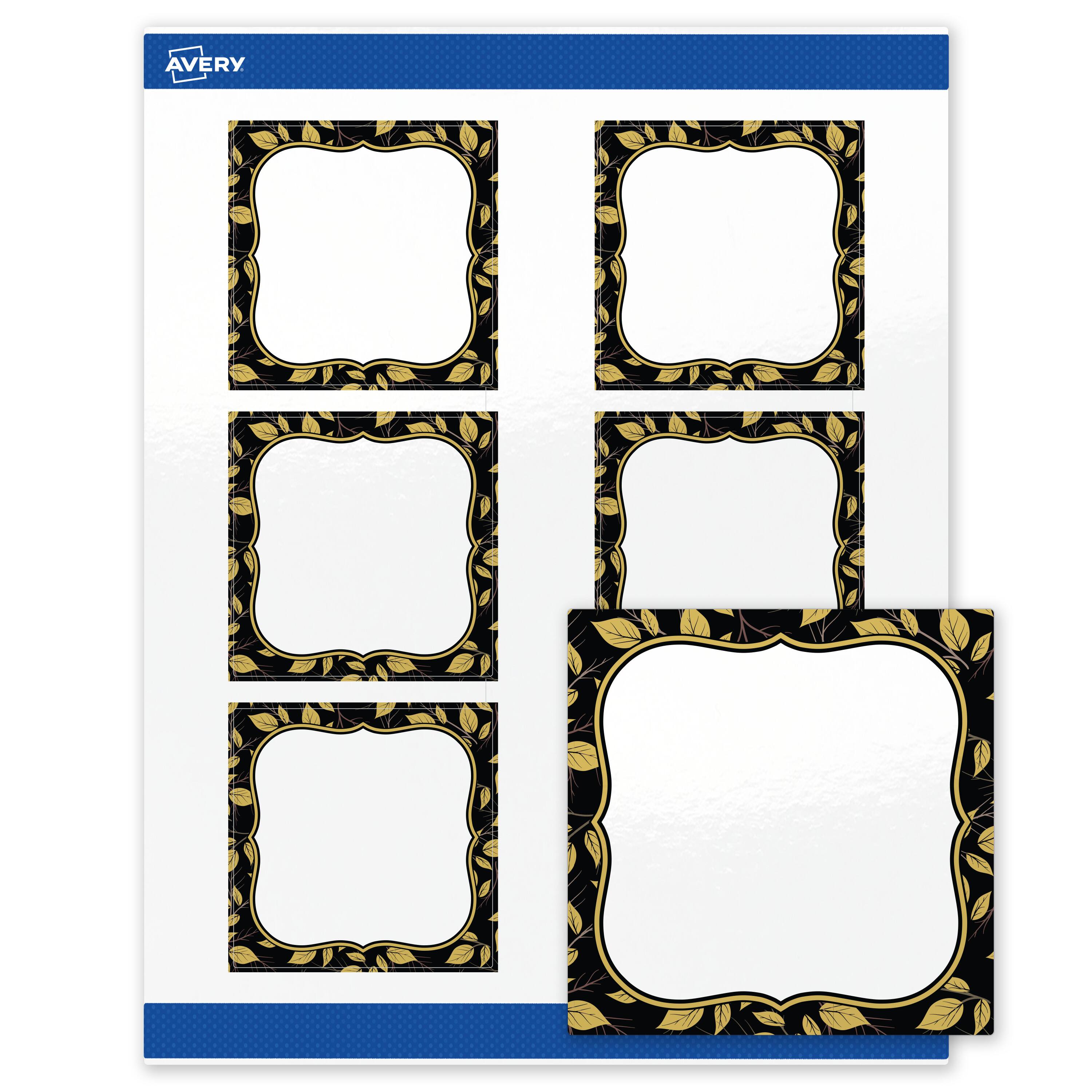 Front. Avery - Avery Labels, 3" x 3", Glossy White, Black Flourish/Golden Leaves - White.