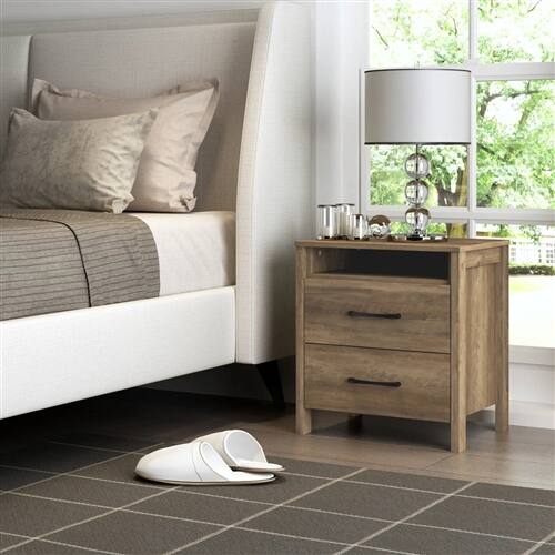 Angle. Hivvago - Modern Farmhouse 2-Drawer Nightstand Bedside Table in Brown Oak Wood Finish - Brown.